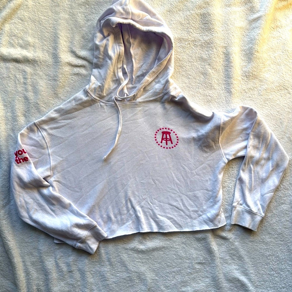 White cropped barstool breast cancer sweatshirt